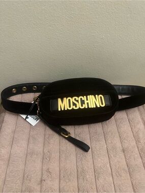 Moschino Black Velvet Belt Bag with Gold Logo
